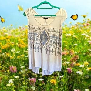 Sexy Score top short sleeves round neck Med blue white grey split back